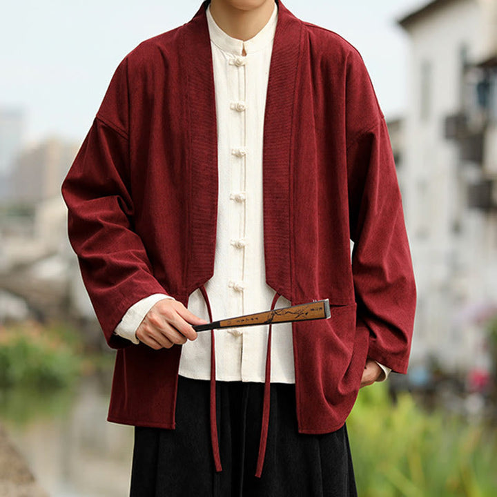 Giacca da uomo in velluto a coste di cotone con maniche lunghe, aperta sul davanti, tinta unita, motivo Buddha Stones , kimono con tasche - image 12