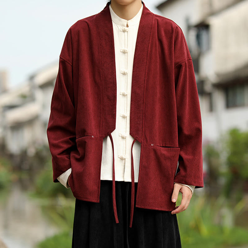 Giacca da uomo in velluto a coste di cotone con maniche lunghe, aperta sul davanti, tinta unita, motivo Buddha Stones , kimono con tasche - image 9