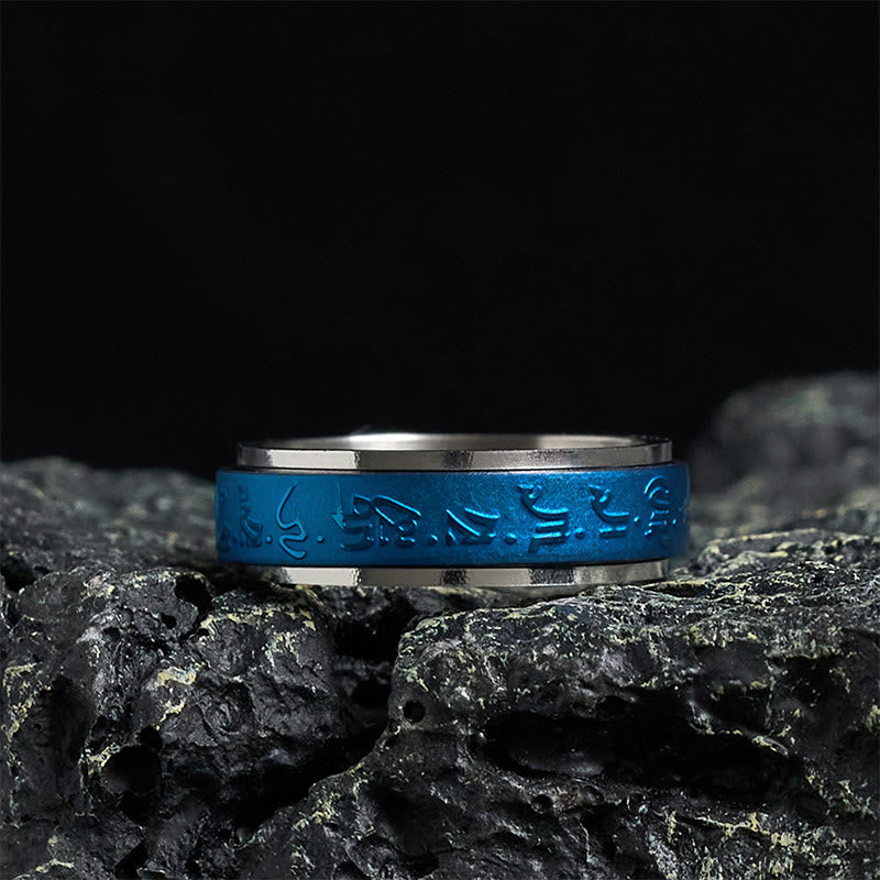Anello girevole in acciaio al titanio con mantra del farmacista blu , Buddha Stones, scritture tibetane - 70-73 mm - image 0