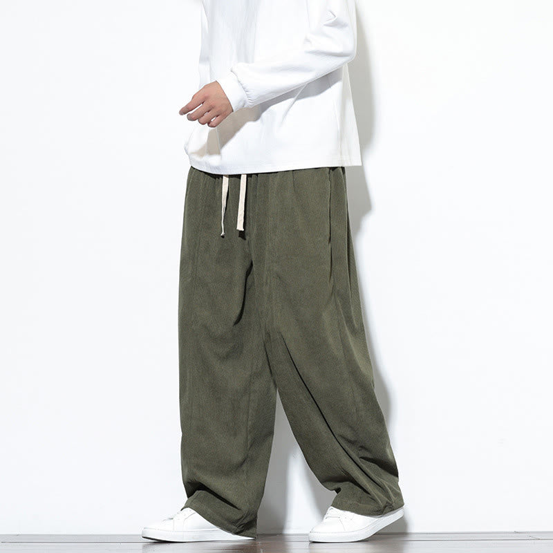 Pantaloni harem da uomo in puro velluto a coste con coulisse e tasche, con motivo Buddha Stones. - image 2