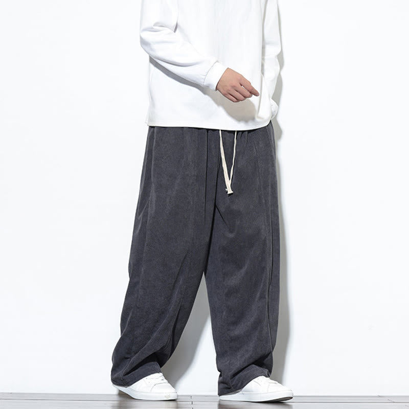 Pantaloni harem da uomo in puro velluto a coste con coulisse e tasche, con motivo Buddha Stones. - image 14