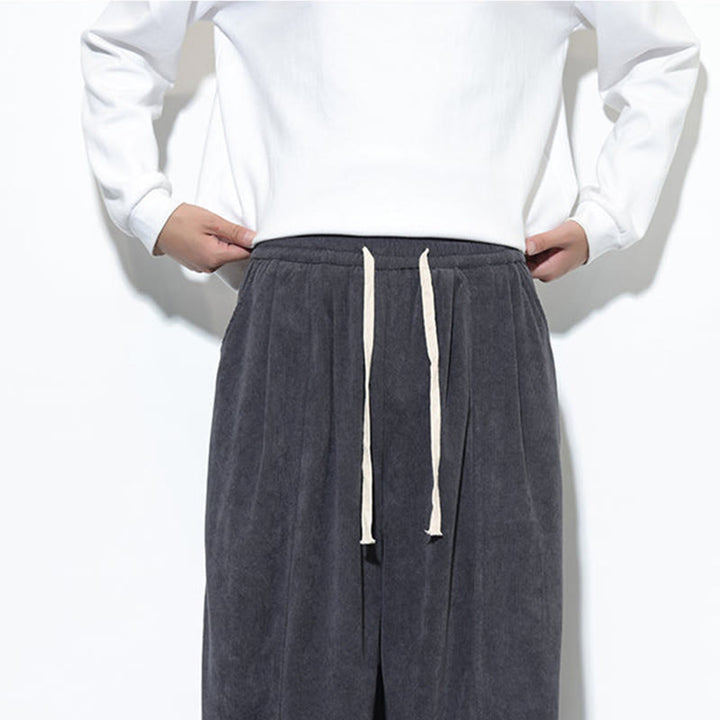 Pantaloni harem da uomo in puro velluto a coste con coulisse e tasche, con motivo Buddha Stones. - image 20