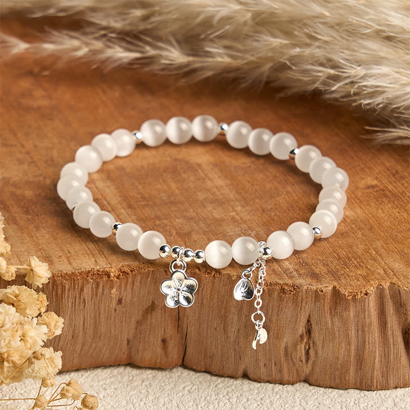 Bracciale della pace con fiori di ciliegio e occhio di gatto naturale Buddha Stones - Occhio di gatto bianco (circonferenza del polso: 15-17 cm) - image 0