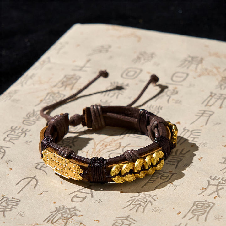Braccialetto in corda di pelle con Buddha Stones e monete dei cinque imperatori Pi Xiu Wealth  - image 2