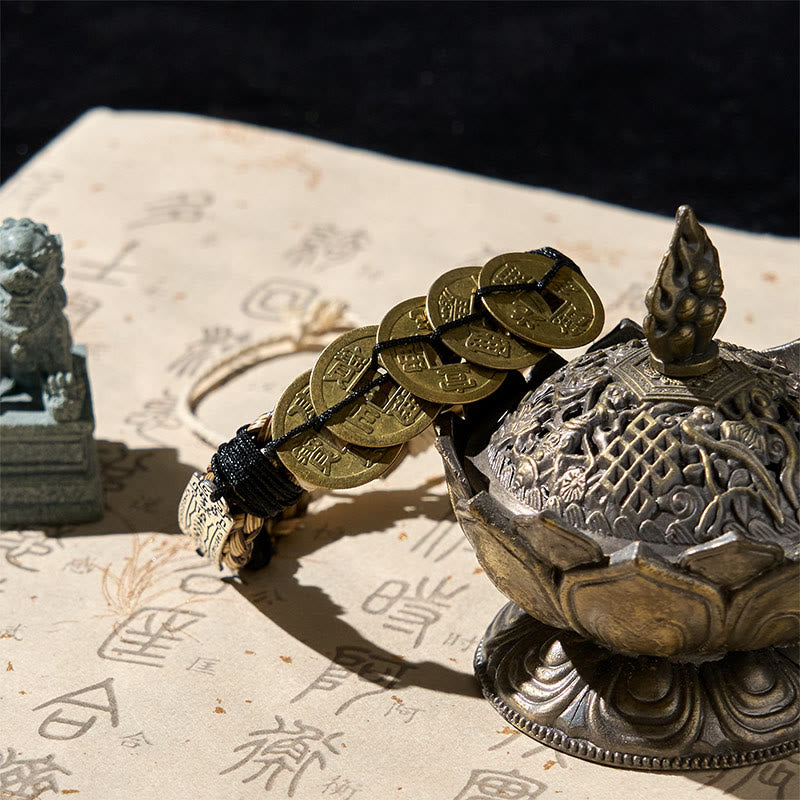 Braccialetto di corda di protezione con amuleto e cinque monete dell'imperatore, Buddha Stones  - image 2
