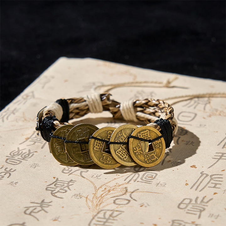 Braccialetto di corda di protezione con amuleto e cinque monete dell'imperatore, Buddha Stones  - Monete dei Cinque Imperatori (circonferenza del polso: 15-19 cm) - image 0