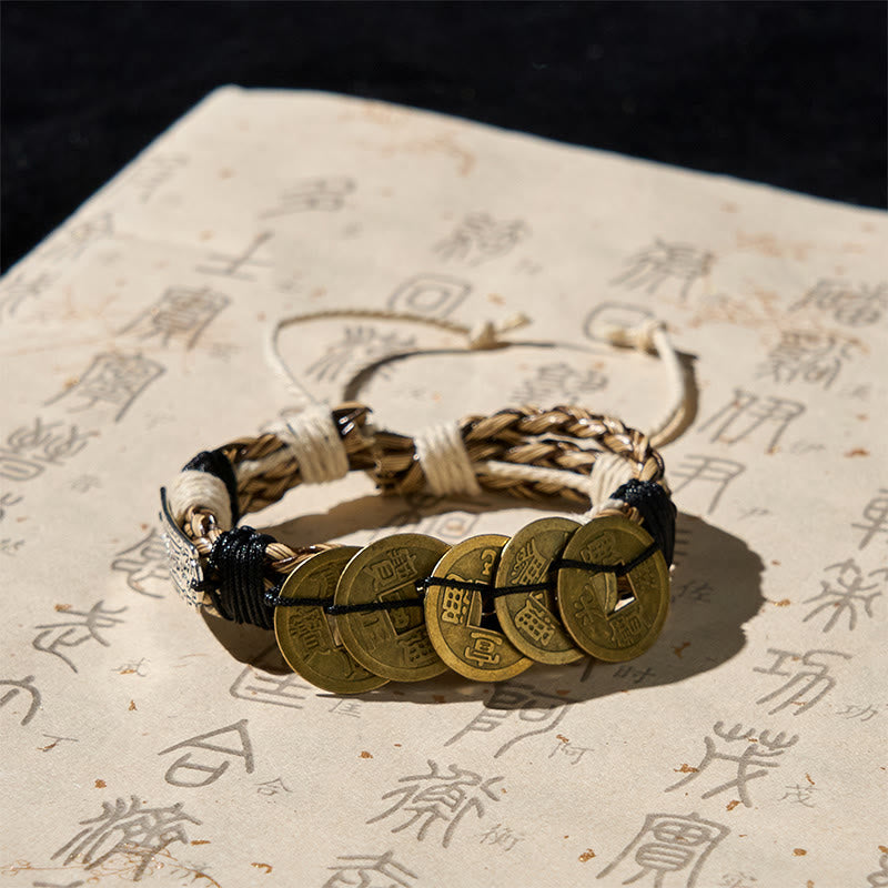Braccialetto di corda di protezione con amuleto e cinque monete dell'imperatore, Buddha Stones  - image 1