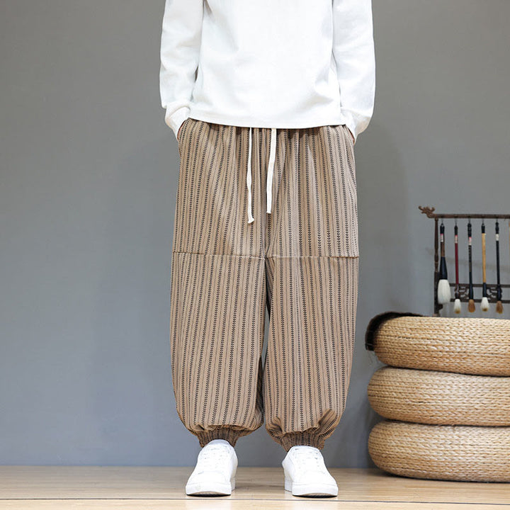 Pantaloni harem in velluto a coste con coulisse e tasche da uomo con motivo a righe autunnali Buddha Stones - image 62