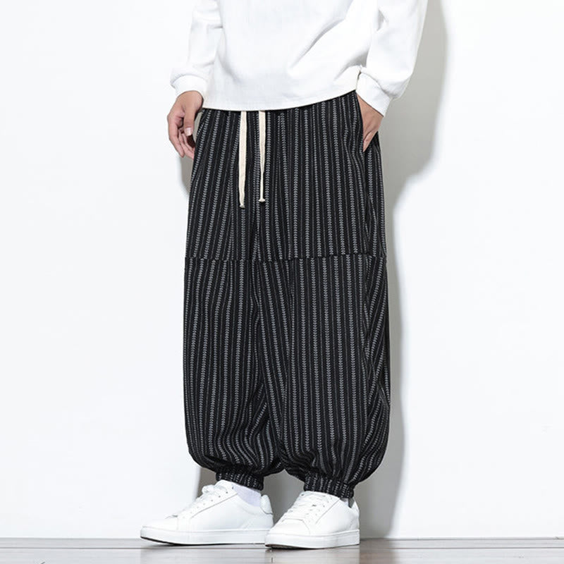 Pantaloni harem in velluto a coste con coulisse e tasche da uomo con motivo a righe autunnali Buddha Stones - image 9