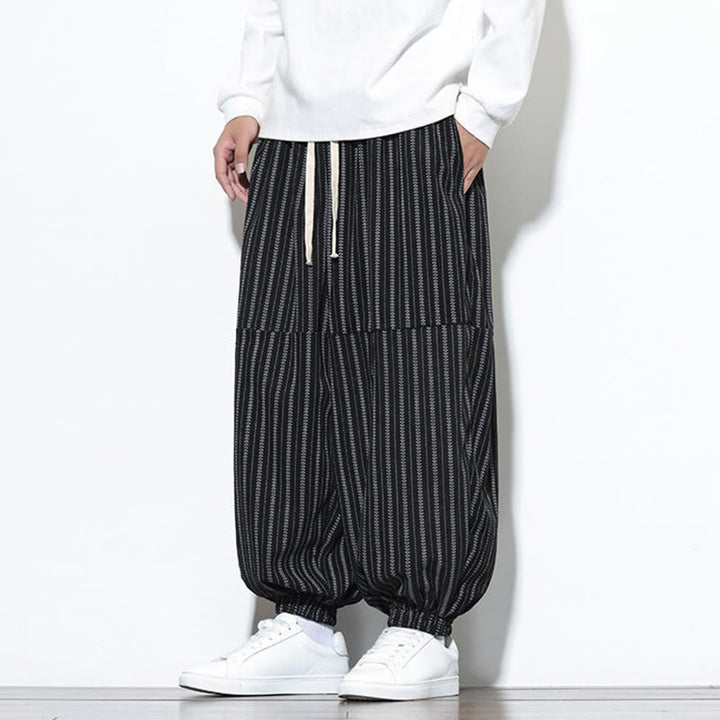 Pantaloni harem in velluto a coste con coulisse e tasche da uomo con motivo a righe autunnali Buddha Stones - image 9