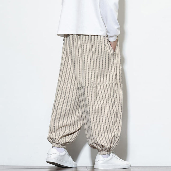 Pantaloni harem in velluto a coste con coulisse e tasche da uomo con motivo a righe autunnali Buddha Stones - image 21