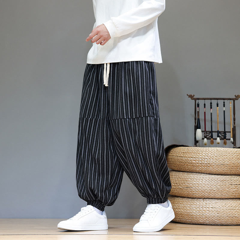 Pantaloni harem in velluto a coste con coulisse e tasche da uomo con motivo a righe autunnali Buddha Stones - image 0