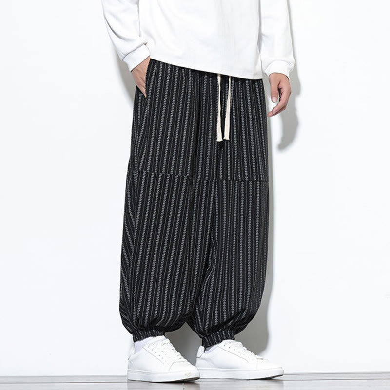 Pantaloni harem in velluto a coste con coulisse e tasche da uomo con motivo a righe autunnali Buddha Stones - image 12
