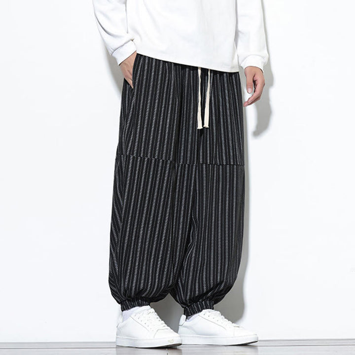 Pantaloni harem in velluto a coste con coulisse e tasche da uomo con motivo a righe autunnali Buddha Stones - image 12