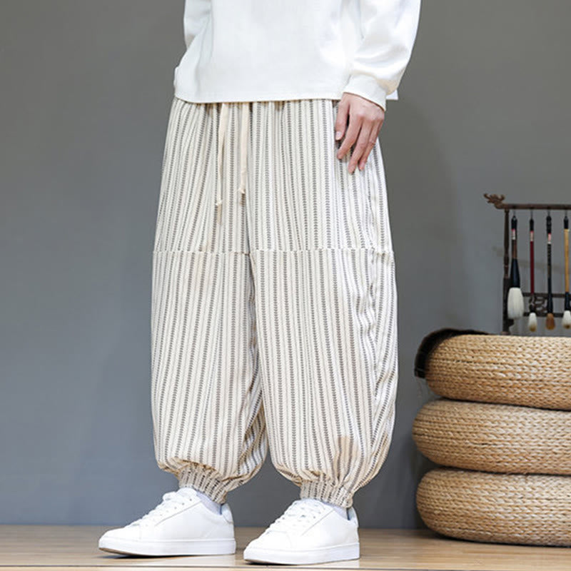 Pantaloni harem in velluto a coste con coulisse e tasche da uomo con motivo a righe autunnali Buddha Stones - image 30