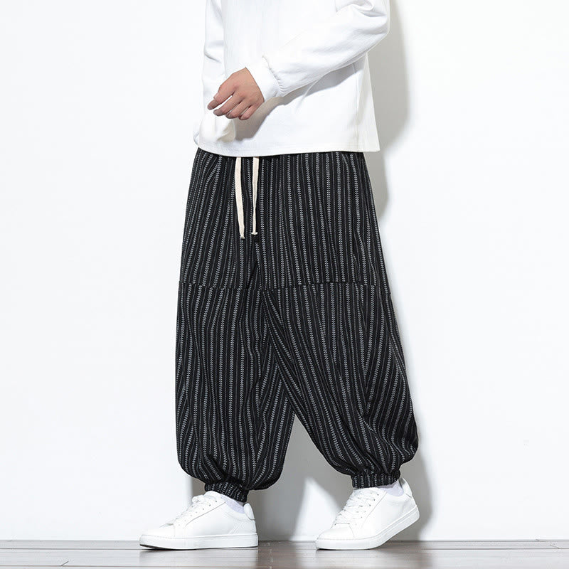 Pantaloni harem in velluto a coste con coulisse e tasche da uomo con motivo a righe autunnali Buddha Stones - image 10