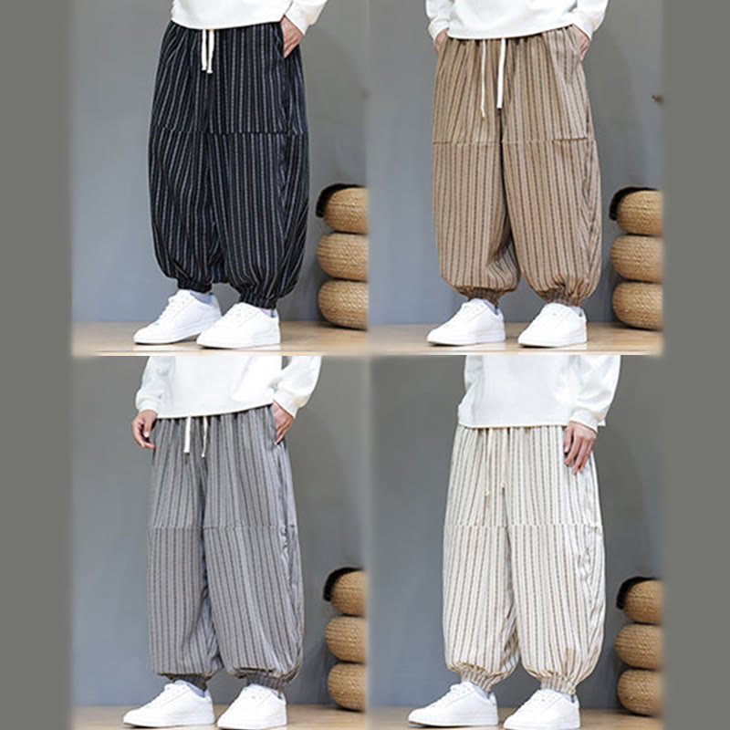 Pantaloni harem in velluto a coste con coulisse e tasche da uomo con motivo a righe autunnali Buddha Stones - image 70