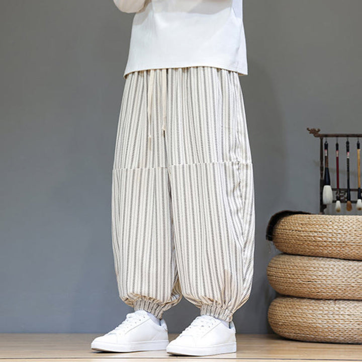 Pantaloni harem in velluto a coste con coulisse e tasche da uomo con motivo a righe autunnali Buddha Stones - image 28