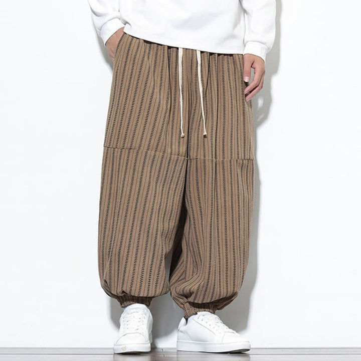 Pantaloni harem in velluto a coste con coulisse e tasche da uomo con motivo a righe autunnali Buddha Stones - image 57