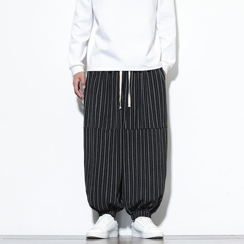 Pantaloni harem in velluto a coste con coulisse e tasche da uomo con motivo a righe autunnali Buddha Stones - Nero - US/UK/AU46, EU56 (5XL) - image 8