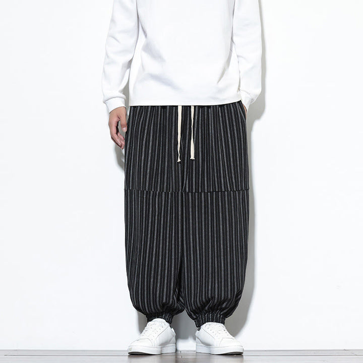 Pantaloni harem in velluto a coste con coulisse e tasche da uomo con motivo a righe autunnali Buddha Stones - Nero - US/UK/AU46, EU56 (5XL) - image 8