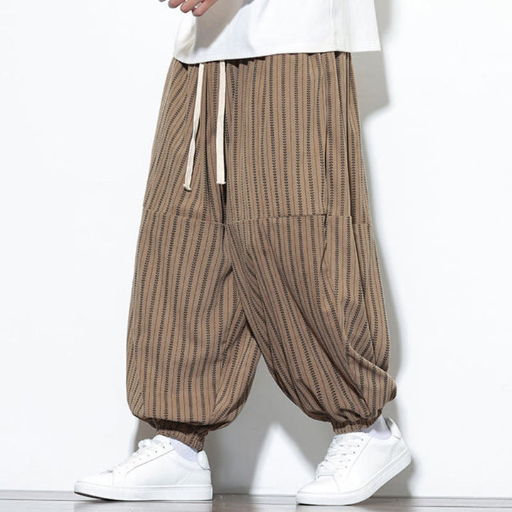 Pantaloni harem in velluto a coste con coulisse e tasche da uomo con motivo a righe autunnali Buddha Stones - image 55