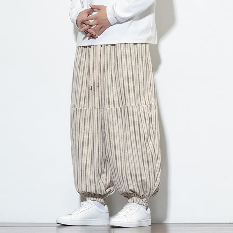 Pantaloni harem in velluto a coste con coulisse e tasche da uomo con motivo a righe autunnali Buddha Stones - image 23
