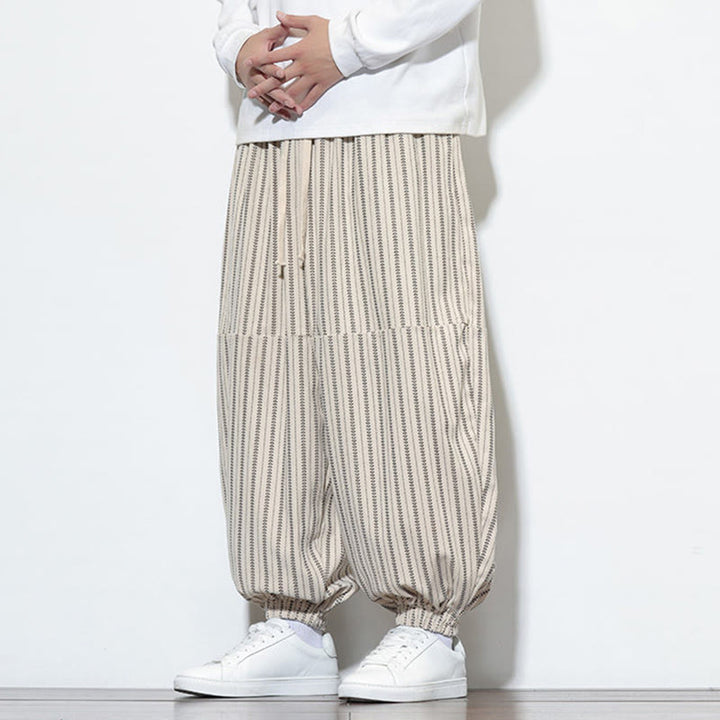 Pantaloni harem in velluto a coste con coulisse e tasche da uomo con motivo a righe autunnali Buddha Stones - image 23