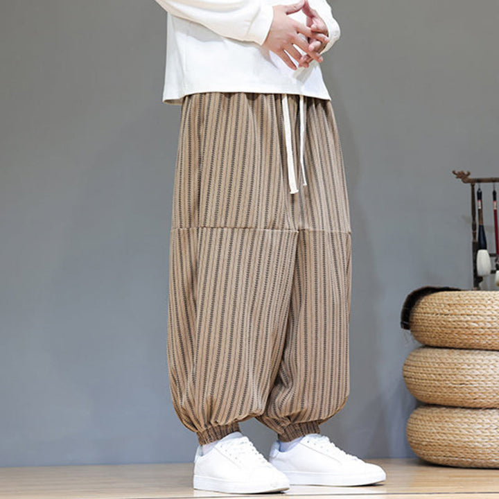 Pantaloni harem in velluto a coste con coulisse e tasche da uomo con motivo a righe autunnali Buddha Stones - image 65