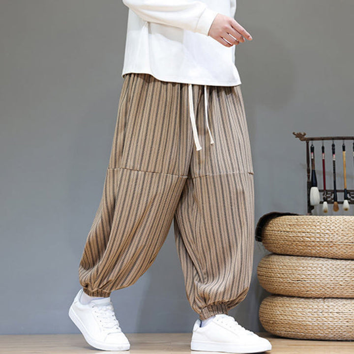 Pantaloni harem in velluto a coste con coulisse e tasche da uomo con motivo a righe autunnali Buddha Stones - image 64