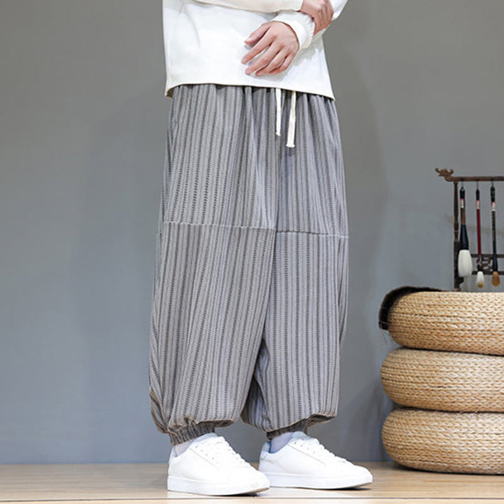Pantaloni harem in velluto a coste con coulisse e tasche da uomo con motivo a righe autunnali Buddha Stones - image 46