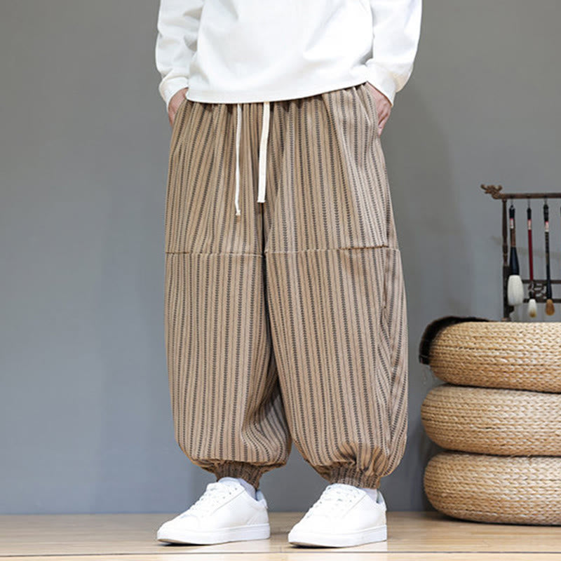 Pantaloni harem in velluto a coste con coulisse e tasche da uomo con motivo a righe autunnali Buddha Stones - image 67