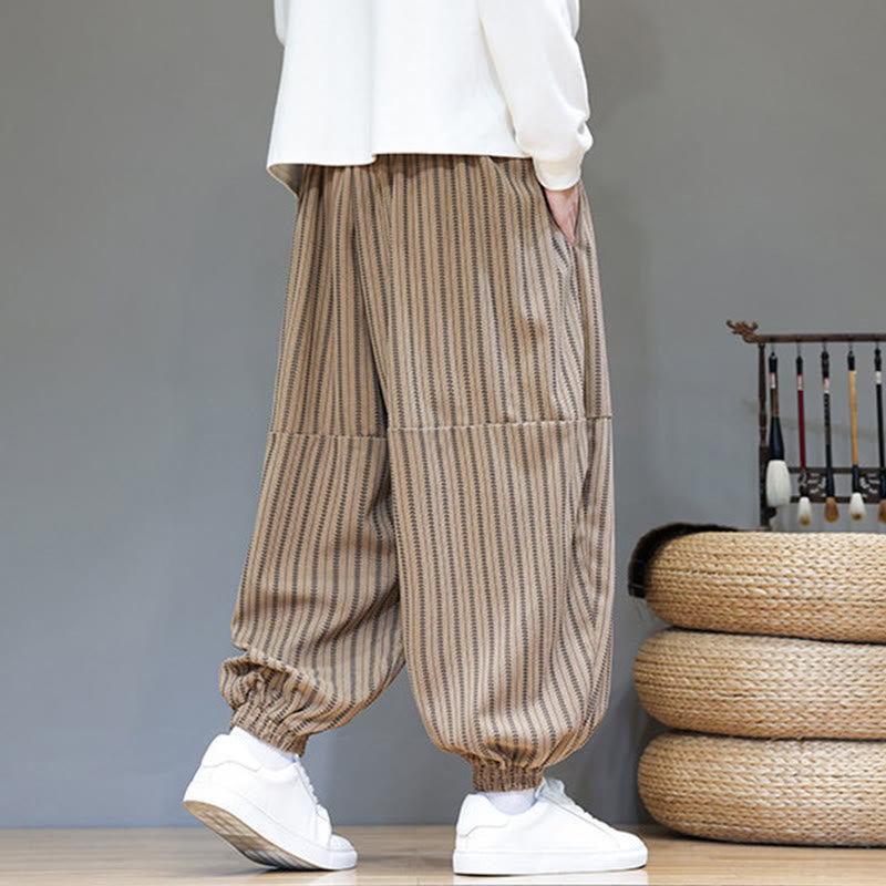 Pantaloni harem in velluto a coste con coulisse e tasche da uomo con motivo a righe autunnali Buddha Stones - image 68