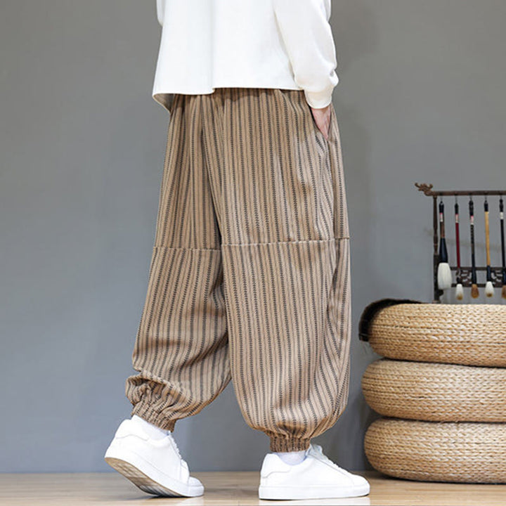 Pantaloni harem in velluto a coste con coulisse e tasche da uomo con motivo a righe autunnali Buddha Stones - image 68