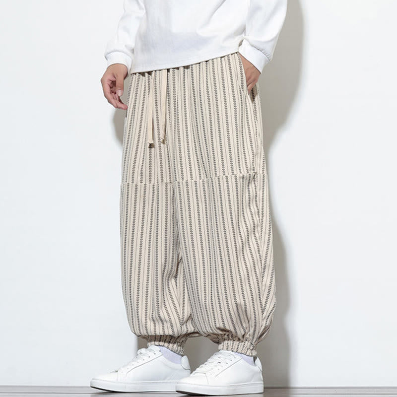 Pantaloni harem in velluto a coste con coulisse e tasche da uomo con motivo a righe autunnali Buddha Stones - image 20