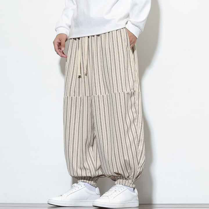 Pantaloni harem in velluto a coste con coulisse e tasche da uomo con motivo a righe autunnali Buddha Stones - image 20