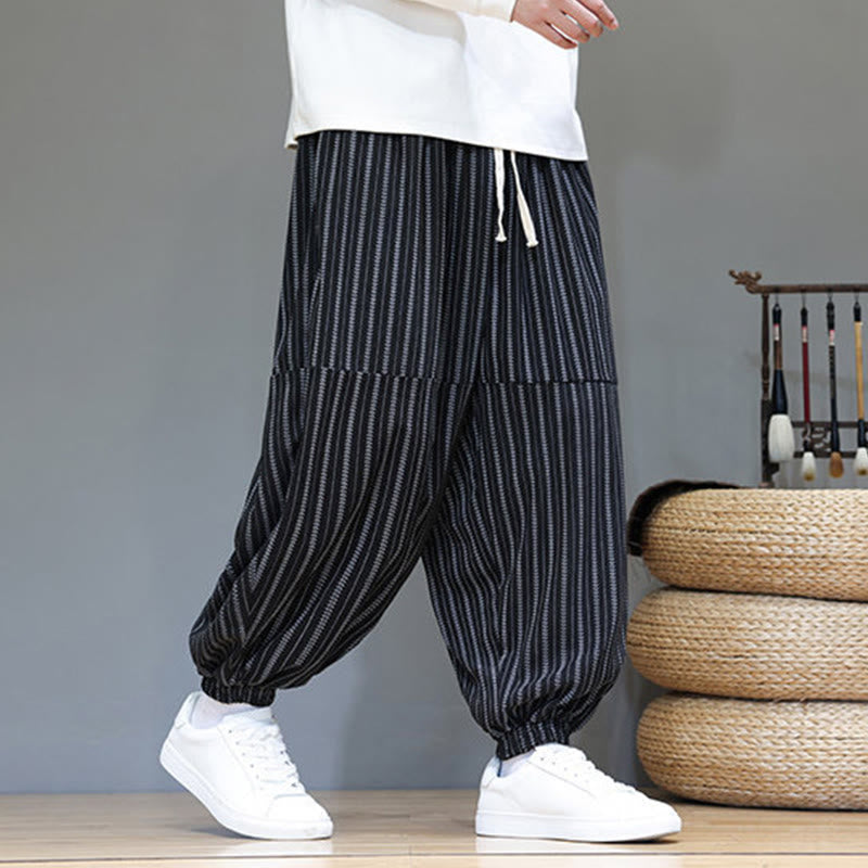 Pantaloni harem in velluto a coste con coulisse e tasche da uomo con motivo a righe autunnali Buddha Stones - image 2