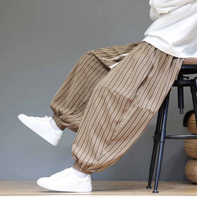 Pantaloni harem in velluto a coste con coulisse e tasche da uomo con motivo a righe autunnali Buddha Stones - image 69