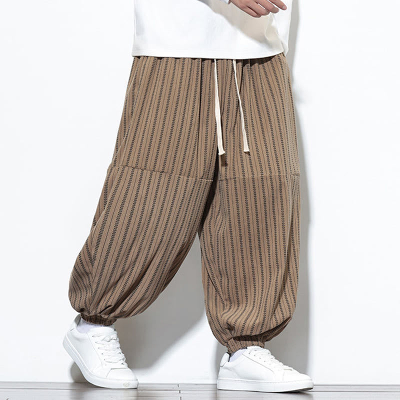 Pantaloni harem in velluto a coste con coulisse e tasche da uomo con motivo a righe autunnali Buddha Stones - image 56