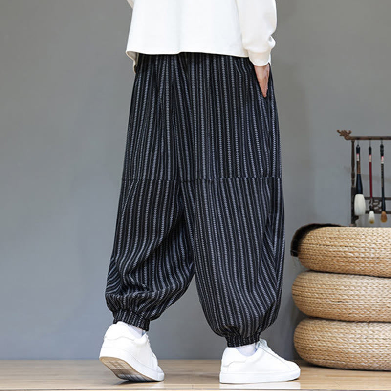 Pantaloni harem in velluto a coste con coulisse e tasche da uomo con motivo a righe autunnali Buddha Stones - image 6