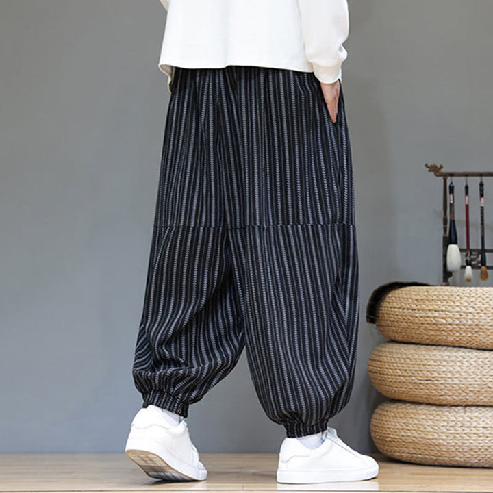 Pantaloni harem in velluto a coste con coulisse e tasche da uomo con motivo a righe autunnali Buddha Stones - image 6