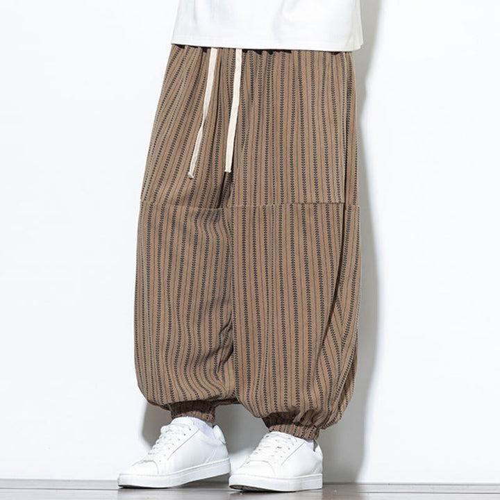Pantaloni harem in velluto a coste con coulisse e tasche da uomo con motivo a righe autunnali Buddha Stones - image 60
