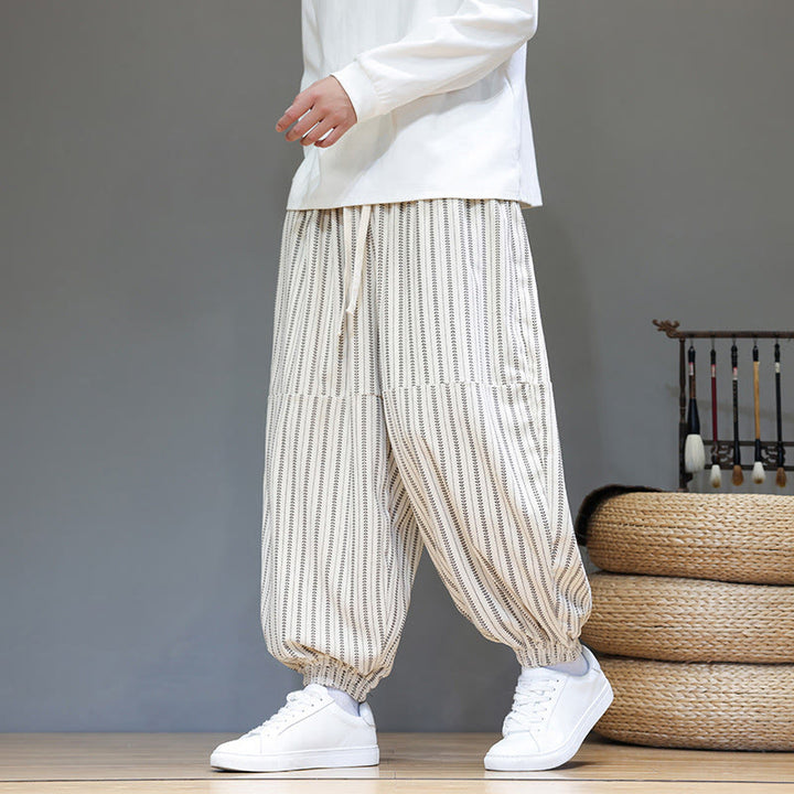 Pantaloni harem in velluto a coste con coulisse e tasche da uomo con motivo a righe autunnali Buddha Stones - image 26