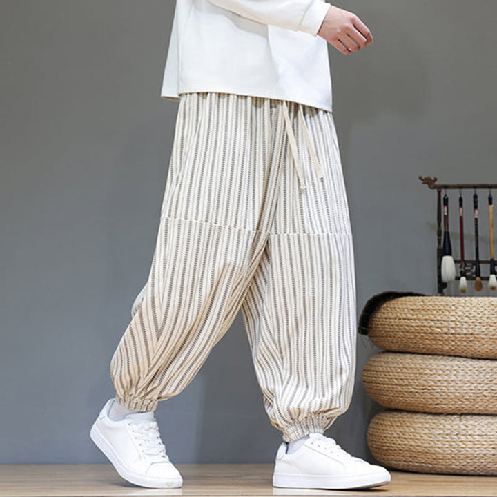 Pantaloni harem in velluto a coste con coulisse e tasche da uomo con motivo a righe autunnali Buddha Stones - image 27