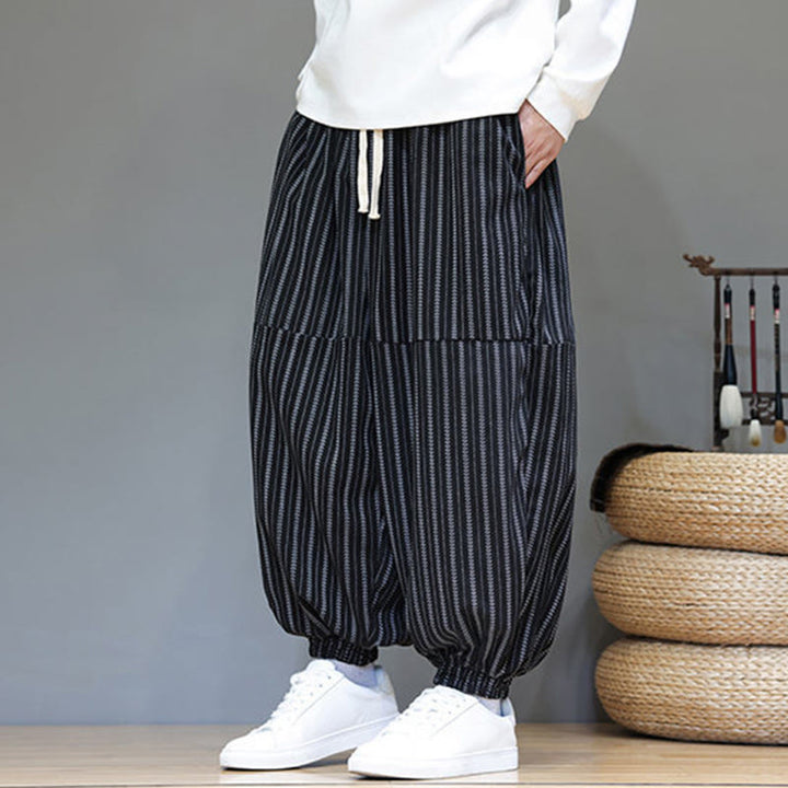 Pantaloni harem in velluto a coste con coulisse e tasche da uomo con motivo a righe autunnali Buddha Stones - image 5