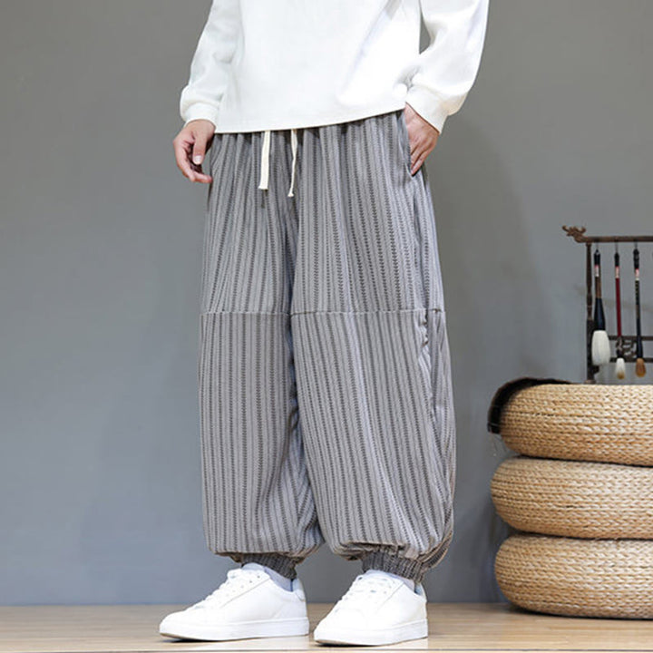 Pantaloni harem in velluto a coste con coulisse e tasche da uomo con motivo a righe autunnali Buddha Stones - image 47