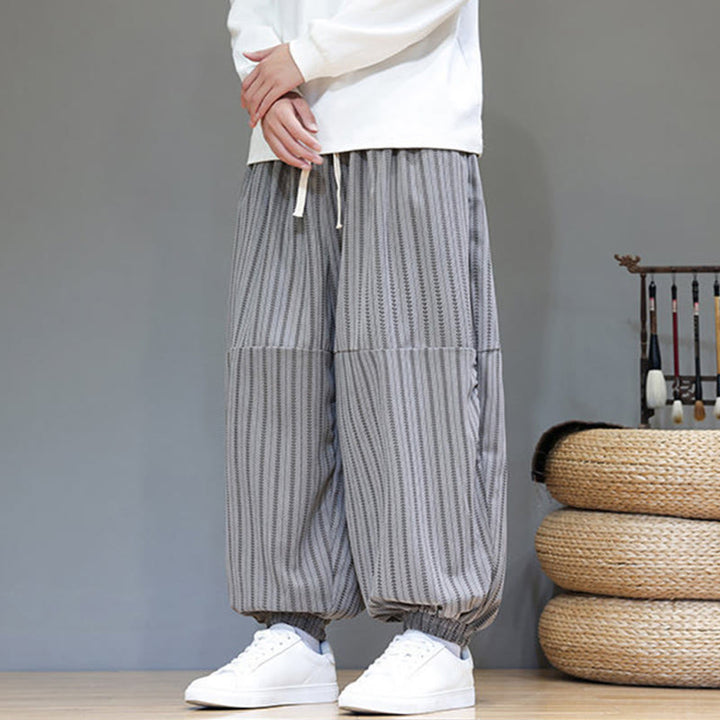 Pantaloni harem in velluto a coste con coulisse e tasche da uomo con motivo a righe autunnali Buddha Stones - image 45