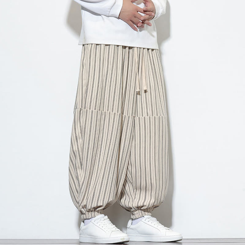 Pantaloni harem in velluto a coste con coulisse e tasche da uomo con motivo a righe autunnali Buddha Stones - image 24