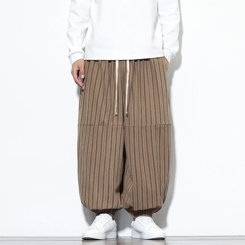 Pantaloni harem in velluto a coste con coulisse e tasche da uomo con motivo a righe autunnali Buddha Stones - Abbronzatura - US/UK/AU46, EU56 (5XL) - image 54