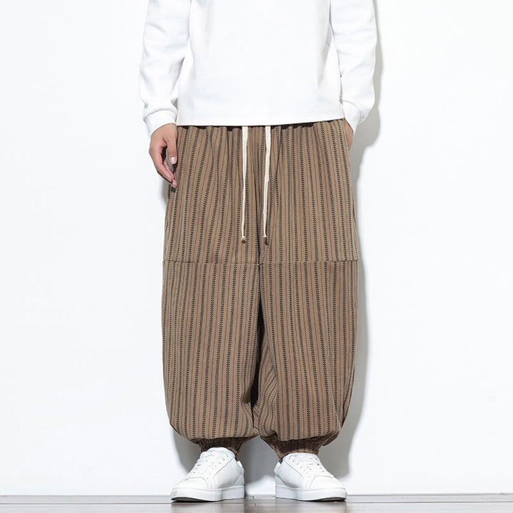 Pantaloni harem in velluto a coste con coulisse e tasche da uomo con motivo a righe autunnali Buddha Stones - Abbronzatura - US/UK/AU46, EU56 (5XL) - image 54